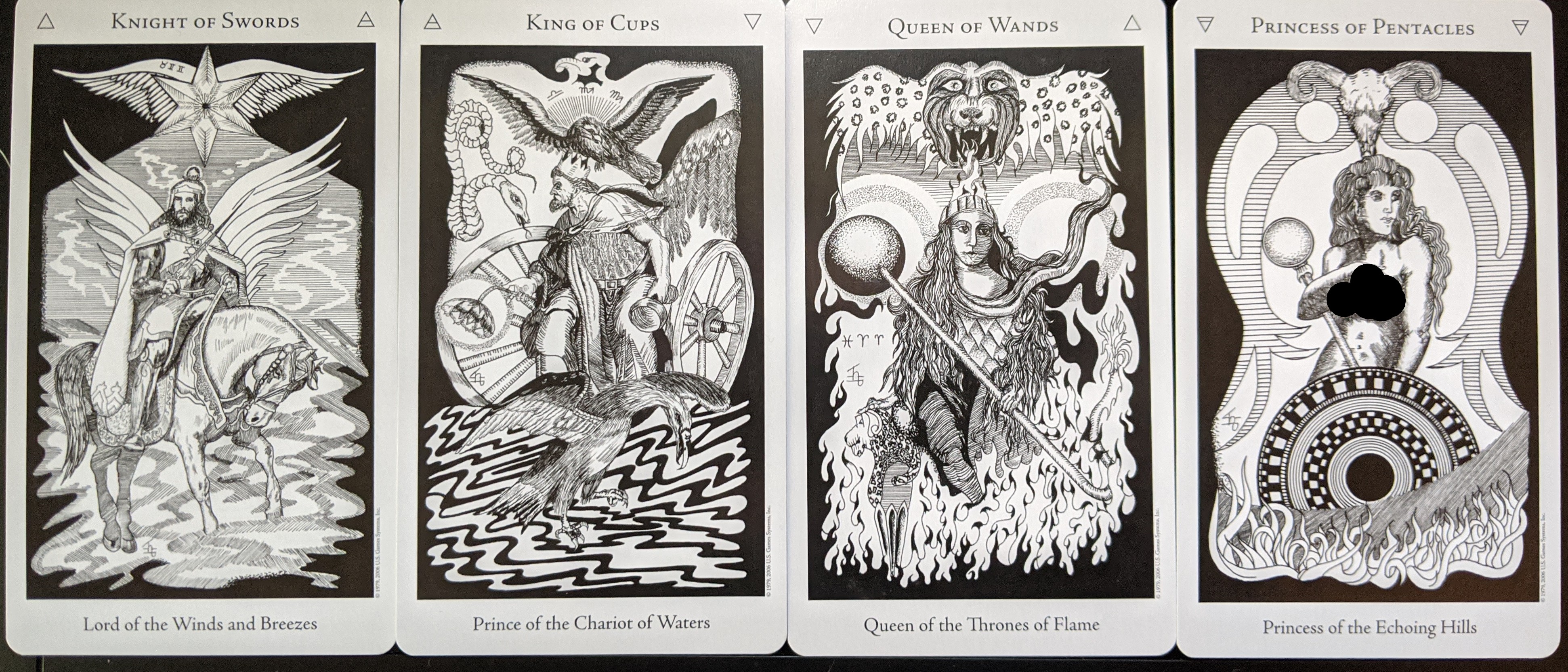 [Pictured: The Knight of Swords, the King of Cups, the Queen of Wands, and the Princess of Pentacles from the Hermetic Tarot.]